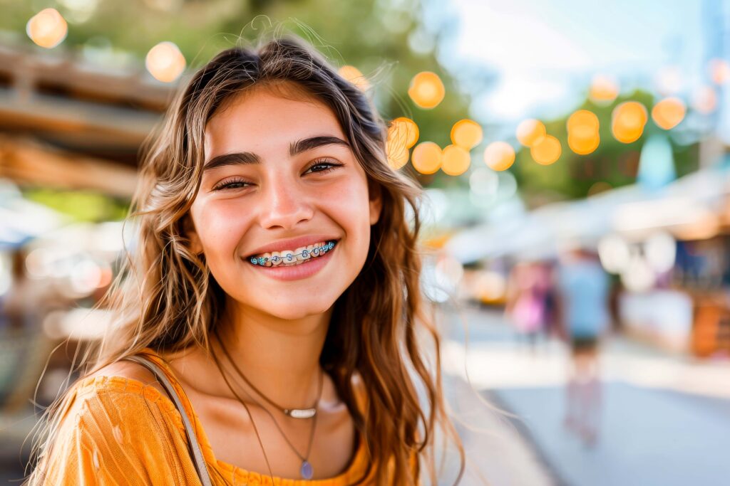 Closeup of girl with braces smiling