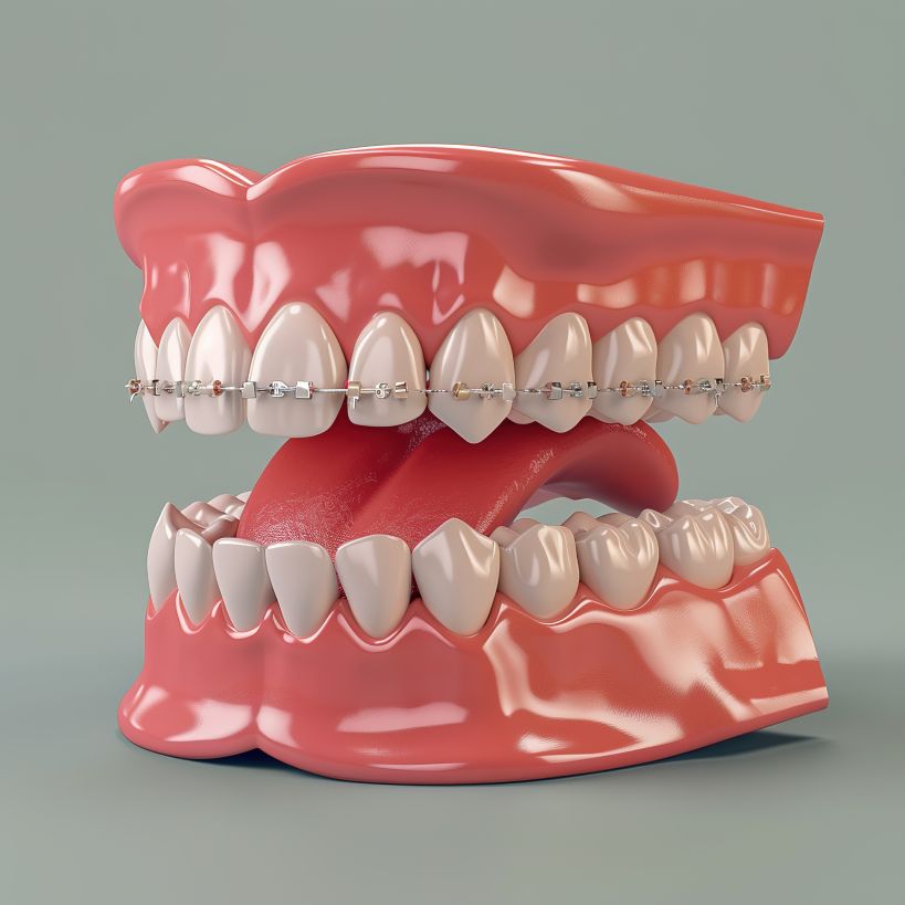 An AI image of a model set of teeth with a top set of braces only